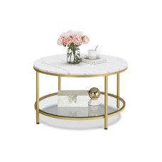VASAGLE Beistelltisch mit Glas 80 x 46 cm, Weiss/Gold VASAGLE Beistelltisch mit Glas 80 x 46 cm, Weiss/Gold