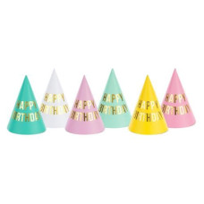 Partydeco Partyhüte Happy Birthday pastellfarbig, 16 x 11 cm, 6 Stück Partydeco Partyhüte Happy Birthday pastellfarbig, 16 x 11 cm, 6 Stück